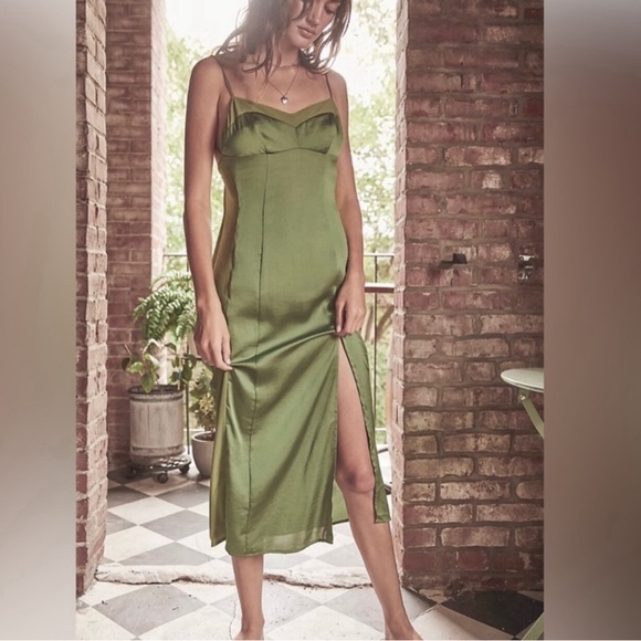FREE PEOPLE Intimately City Cool Midi Slip Dress Olive Satin Sheer Khaki Green L - Picture 6 of 10